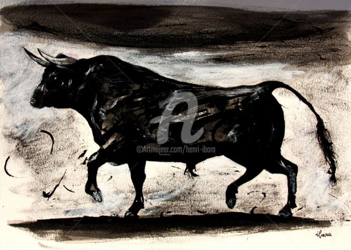 Dessin intitulée "Le taureau" par Henri Ibara, Œuvre d'art originale, Encre