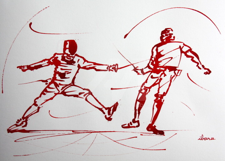 Dessin intitulée "Escrime N°4" par Henri Ibara, Œuvre d'art originale, Encre