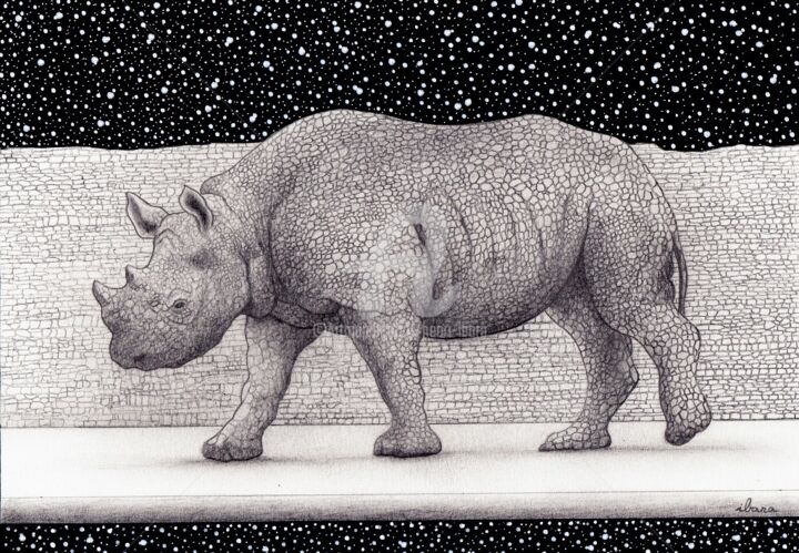 Dessin intitulée "Le rhinocéros de pi…" par Henri Ibara, Œuvre d'art originale, Encre