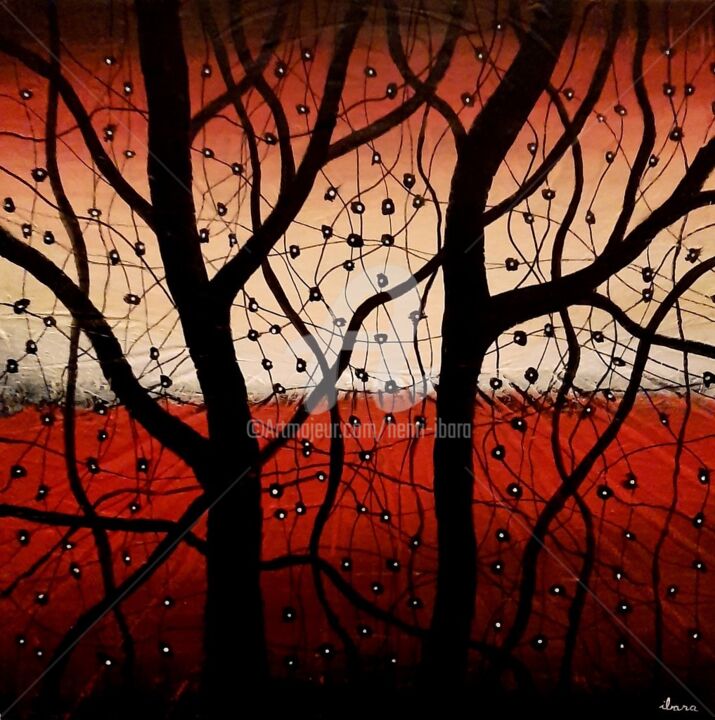 Painting titled "Arbres noirs et lum…" by Henri Ibara, Original Artwork, Acrylic Mounted on Wood Stretcher frame