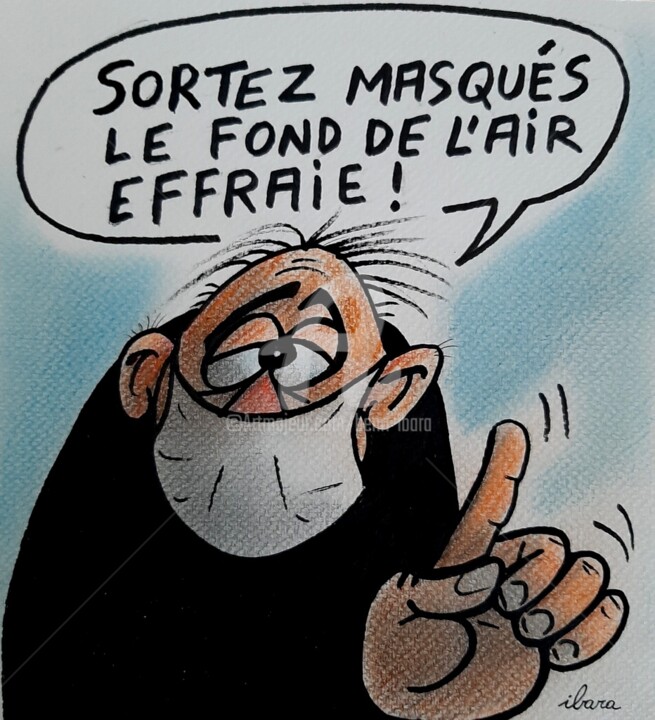 Tekening getiteld "Sortez masqués, le…" door Henri Ibara, Origineel Kunstwerk, Potlood