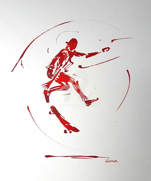 Drawing titled "Skateur N°2" by Henri Ibara, Original Artwork, Ink