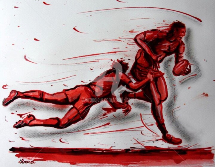 Tekening getiteld "Rugby N°27" door Henri Ibara, Origineel Kunstwerk, Inkt