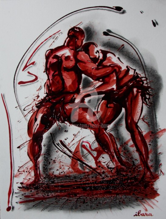Dessin intitulée "lutteurs-senegalais…" par Henri Ibara, Œuvre d'art originale, Encre