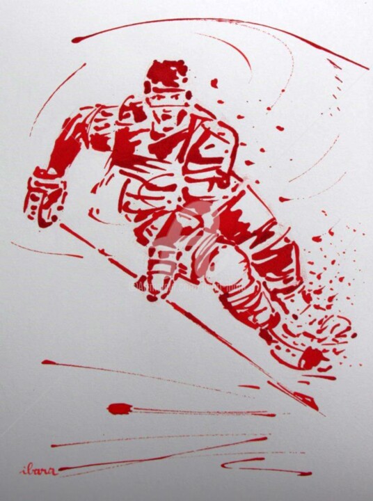 Рисунок под названием "Hockey sur glace N°1" - Henri Ibara, Подлинное произведение искусства, Чернила