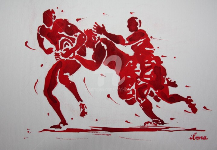 Tekening getiteld "Rugby N°45" door Henri Ibara, Origineel Kunstwerk, Inkt