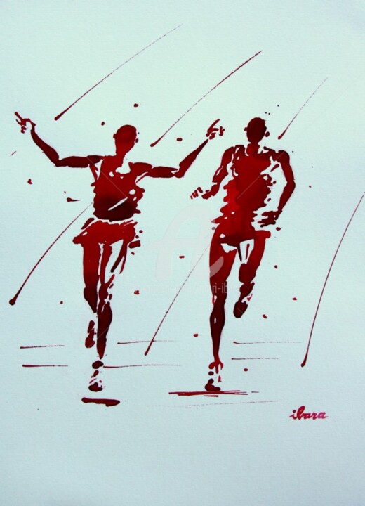 Drawing titled "arrivee-10000m-dess…" by Henri Ibara, Original Artwork, Ink