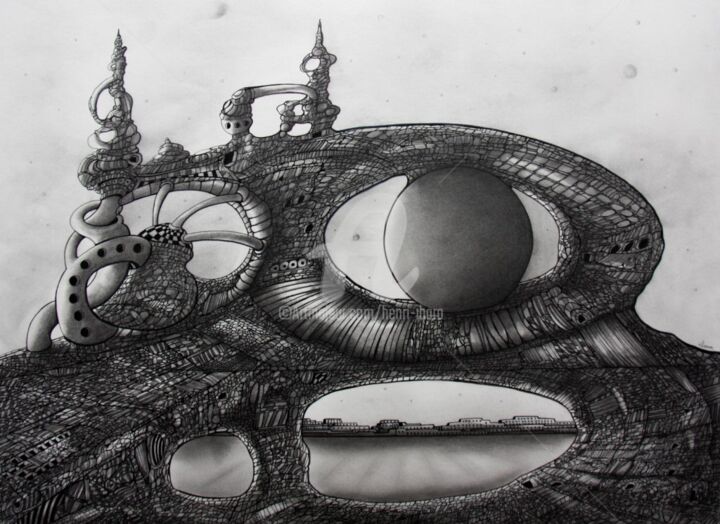 Dessin intitulée "Ville minérale N°36" par Henri Ibara, Œuvre d'art originale, Encre