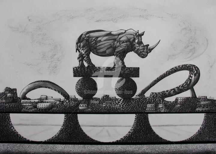 Dessin intitulée "ville-minérale N°47" par Henri Ibara, Œuvre d'art originale, Encre