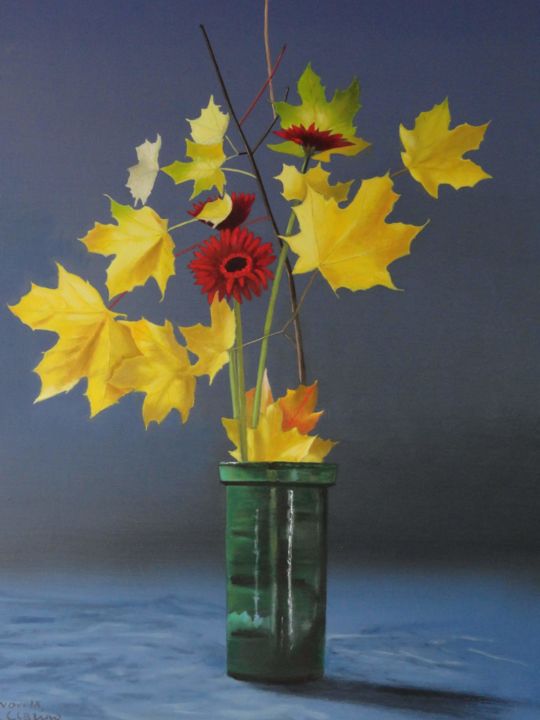 Painting titled "ikebana aux feuille…" by Clarino, Original Artwork, Oil