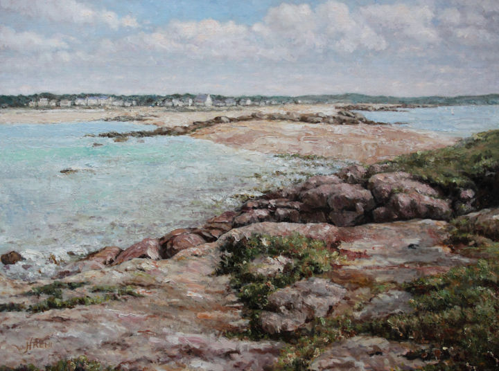 Painting titled "La plage du Tregast…" by Henri Remi, Original Artwork, Oil