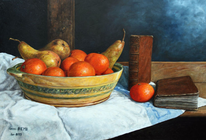 Peinture intitulée "Mandarines, Poires…" par Henri Remi, Œuvre d'art originale, Huile
