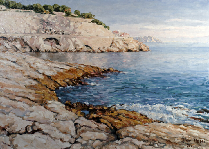 Painting titled "Anse du Petit Nice.…" by Henri Remi, Original Artwork, Oil