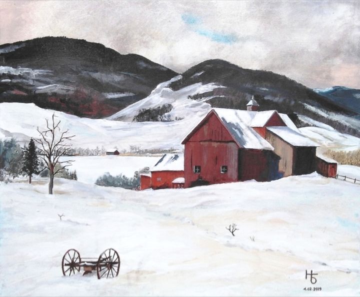 Painting titled "ferme sous la neige" by Henri Sacchi, Original Artwork, Acrylic