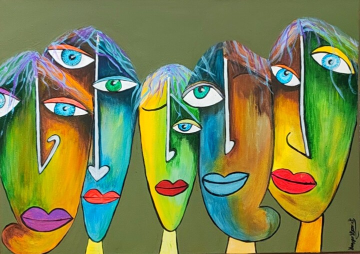 Schilderij getiteld "Faces" door Henriett Magyar, Origineel Kunstwerk, Acryl Gemonteerd op Frame voor houten brancard