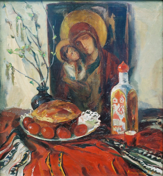 Painting titled "Easter still-life" by Henrikh Hechiporenko, Original Artwork, Oil