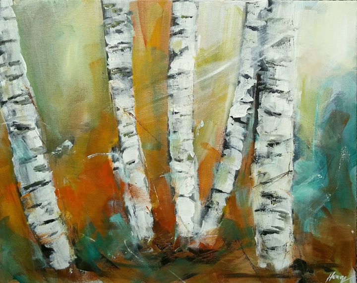 Painting titled "Birch trees acrylic…" by Henryfinearts, Original Artwork, Acrylic