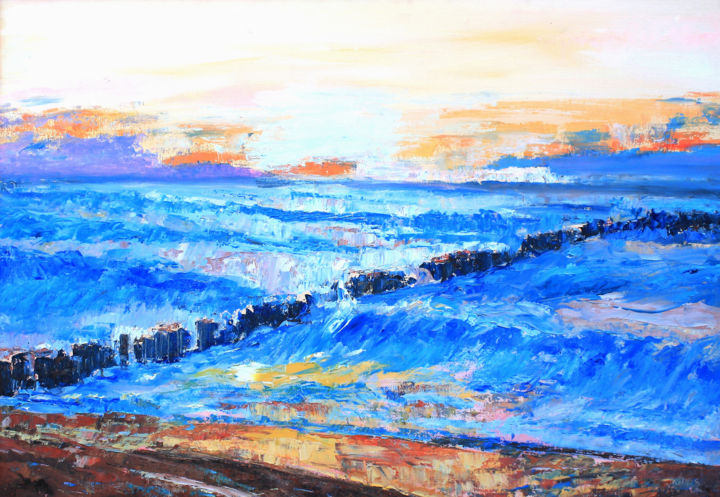 Painting titled "Sea" by Henryka Wojciechowska, Original Art, Oil Mounted on Wood Panel