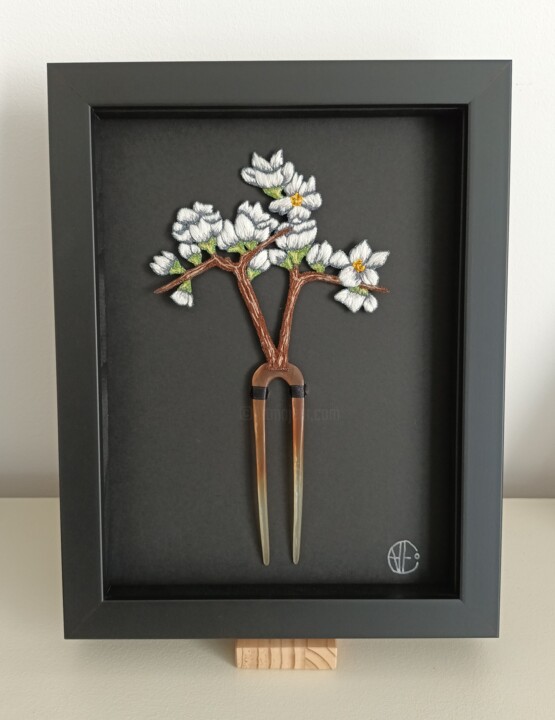 Art textile intitulée "Les cerisiers blancs" par Heollene, Œuvre d'art originale, Broderie