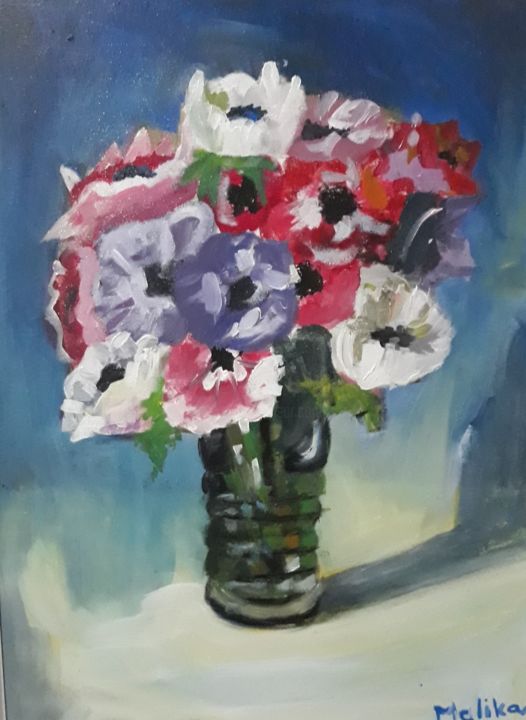 Painting titled "Flowers in a Vase" by Melika Suljagić, Original Artwork, Acrylic Mounted on Wood Stretcher frame