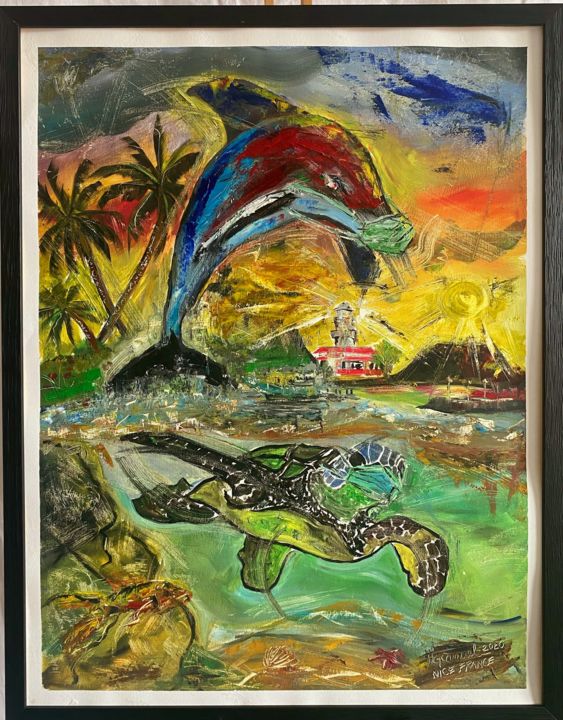 Peinture intitulée "Dolphins and Turtles" par Herbert Canuel, Œuvre d'art originale, Huile