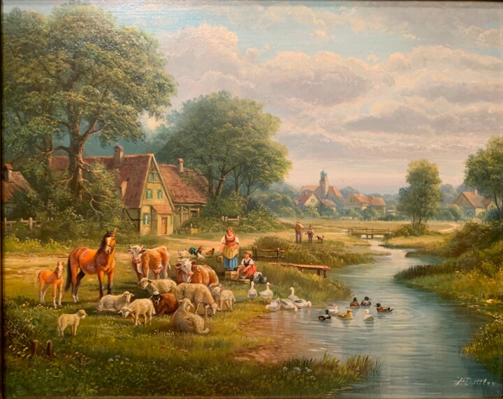 Peinture intitulée "Bayerische Dorfszene" par Herbert Duttler, Œuvre d'art originale, Huile Monté sur Panneau de bois