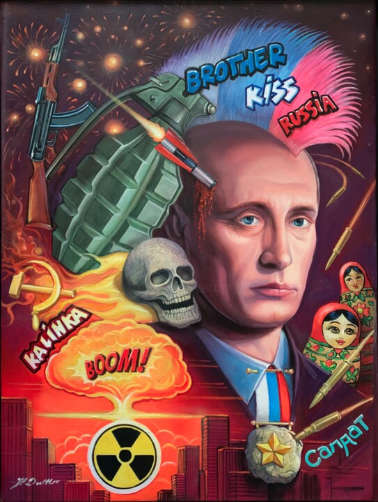 Schilderij getiteld "Putins Krieg" door Herbert Duttler, Origineel Kunstwerk, Olie Gemonteerd op Frame voor houten brancard