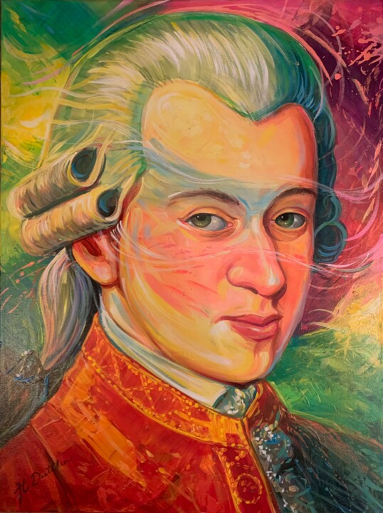 Painting titled "Mozart Pop Art" by Herbert Duttler, Original Artwork, Oil Mounted on Wood Stretcher frame