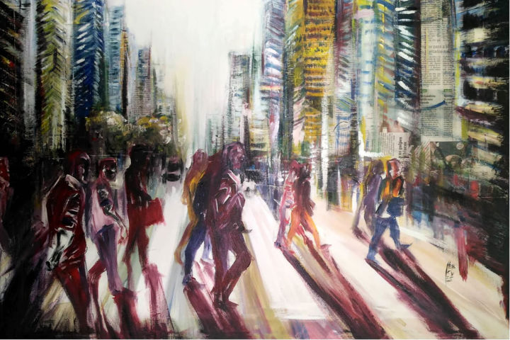 Pintura intitulada "PEDESTRES" por Hercules Rodriguez, Obras de arte originais, Acrílico Montado em Painel de madeira