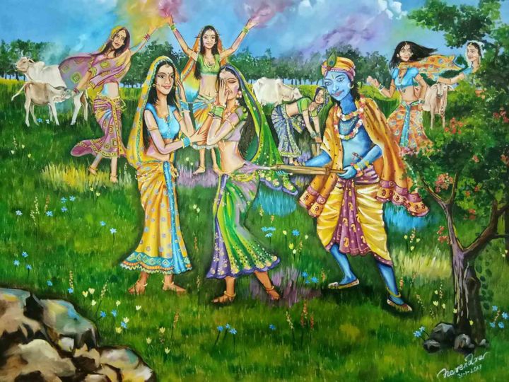 Malarstwo zatytułowany „Radha & Krishna pla…” autorstwa Herendra Swarup, Oryginalna praca, Olej