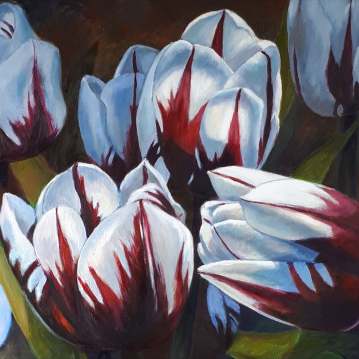 Hoogte bros Hangen Rood-Witte Tulpen, Schilderij door Herma Wuisman | Artmajeur