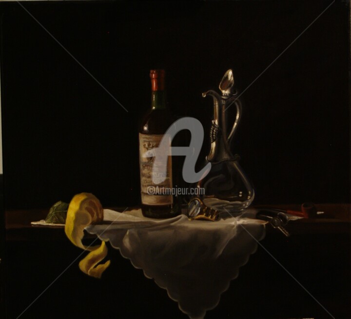 Malerei mit dem Titel "Stillleben mit Wein…" von Hermann J. Heiss, Original-Kunstwerk, Öl
