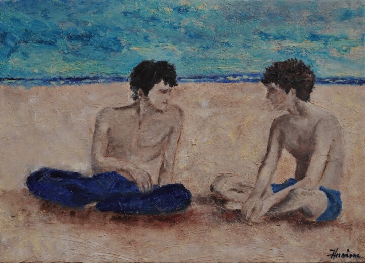 Painting titled "On the beach" by Hermione, Original Artwork, Oil