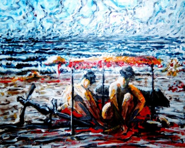 Painting titled "niños enla playa" by Hernandiz, Original Artwork