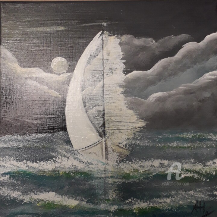 Peinture intitulée "voilier au clair de…" par Hervé François Aury (Harris Aurigan (alias)), Œuvre d'art originale, Huile