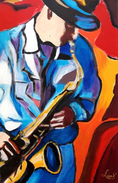 Painting titled "Saxophoniste" by Hervé Lamb', Original Artwork, Acrylic Mounted on Wood Stretcher frame