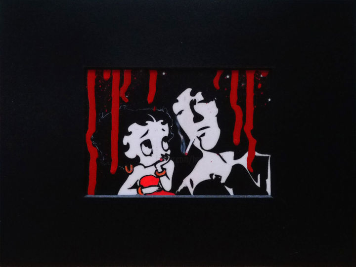 Collages titled "Betty joue la psy" by Hervé Loiseau, Original Artwork, Spray paint Mounted on Cardboard