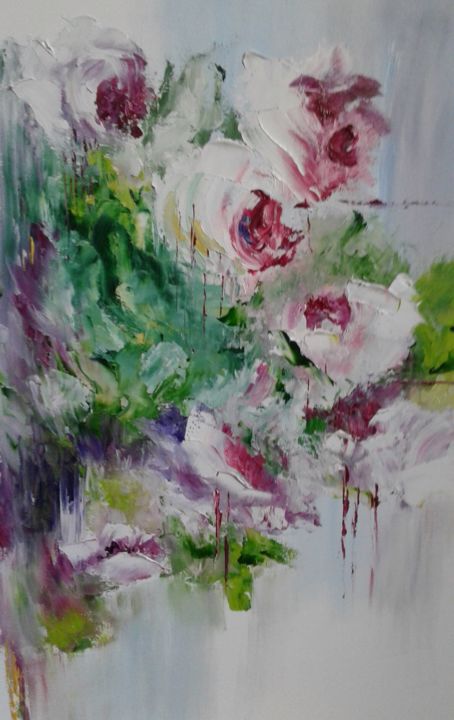 Painting titled "les Roses Anciennes." by Nelly Hervieu, Original Artwork, Oil