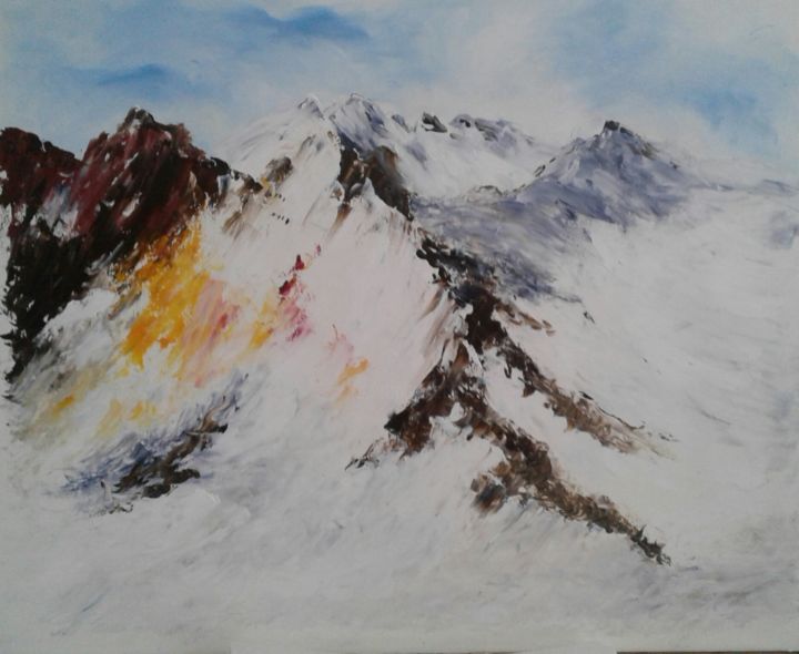 Painting titled "Les Cimes enneigees" by Nelly Hervieu, Original Artwork, Oil