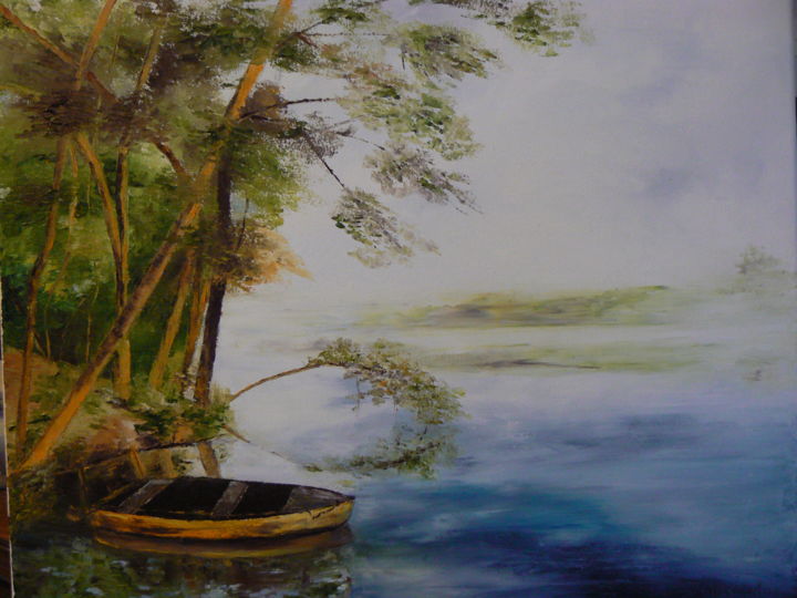Peinture intitulée "Brume sur le Lac" par Nelly Hervieu, Œuvre d'art originale, Huile