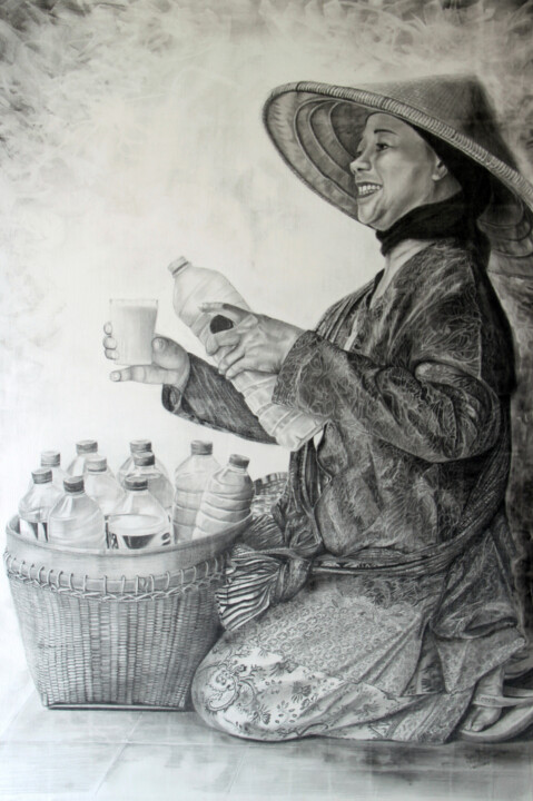 Drawing titled "penjual-jamu-kelili…" by Herylondo Art, Original Artwork, Conté