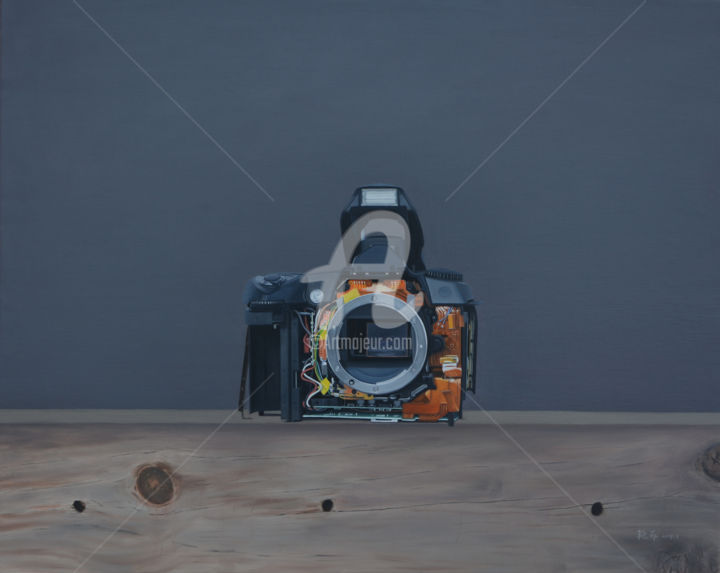 Painting titled "A disassembled came…" by Yanfei He, Original Artwork, Oil Mounted on Wood Stretcher frame