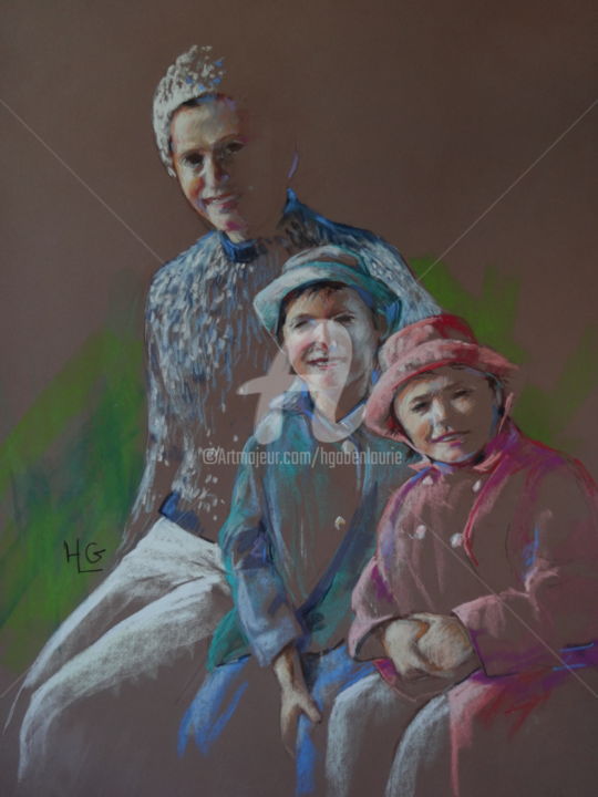 Painting titled "La petite famille" by Helene Gaben Laurié, Original Artwork, Pastel