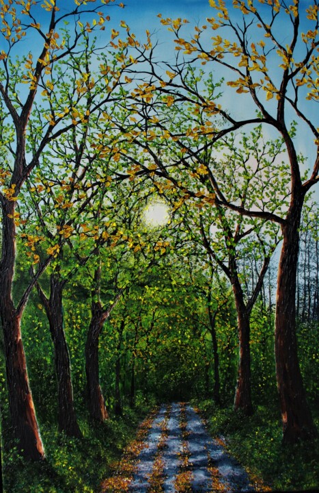 Painting titled "Forest Path" by Hazel Thomson, Original Artwork, Oil