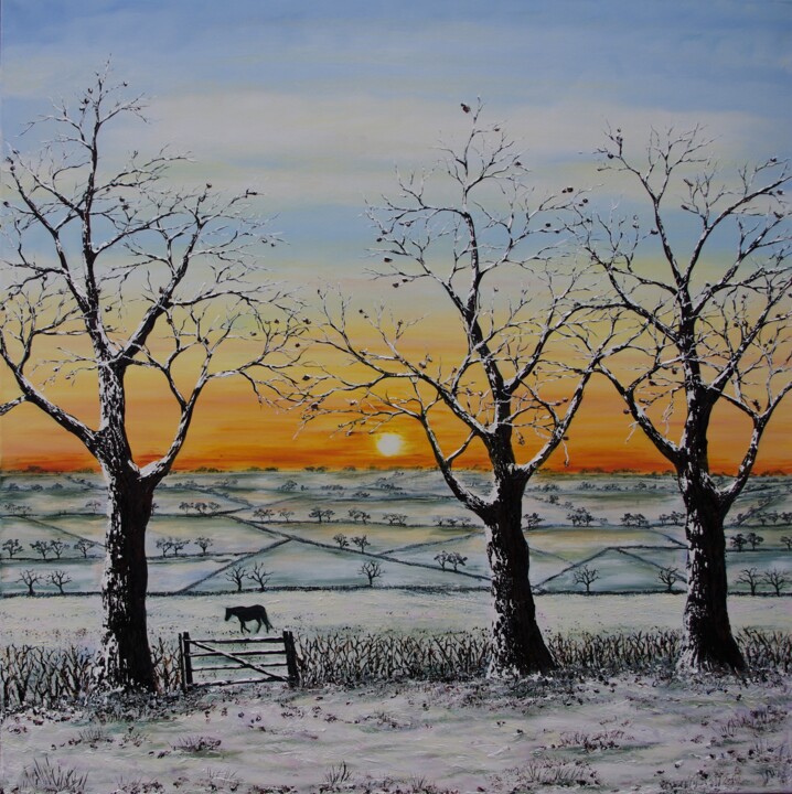 Painting titled "Winter Sunset" by Hazel Thomson, Original Artwork, Oil Mounted on Wood Stretcher frame