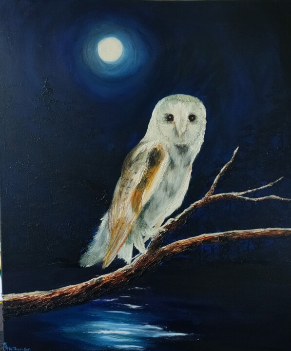 Ζωγραφική με τίτλο "Barn Owl At Night" από Hazel Thomson, Αυθεντικά έργα τέχνης, Λάδι Τοποθετήθηκε στο Ξύλινο φορείο σκελετό