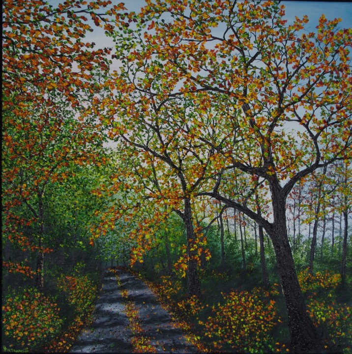 Painting titled "Late Afternoon Walk…" by Hazel Thomson, Original Artwork, Oil Mounted on Wood Stretcher frame