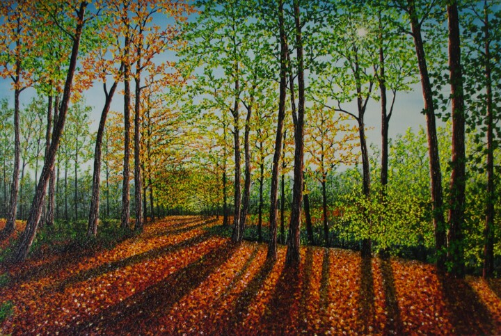 Painting titled "A Glorious Autumn" by Hazel Thomson, Original Artwork, Oil Mounted on Wood Stretcher frame