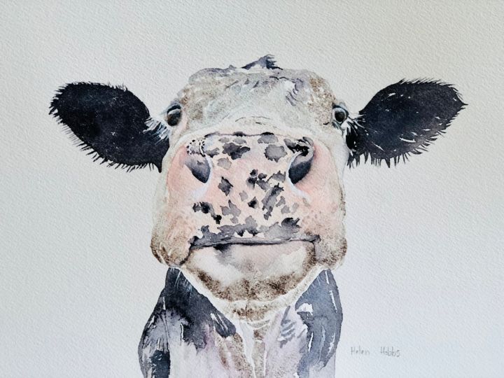 Peinture intitulée "Cow" par Helen Hobbs, Œuvre d'art originale, Aquarelle Monté sur Carton