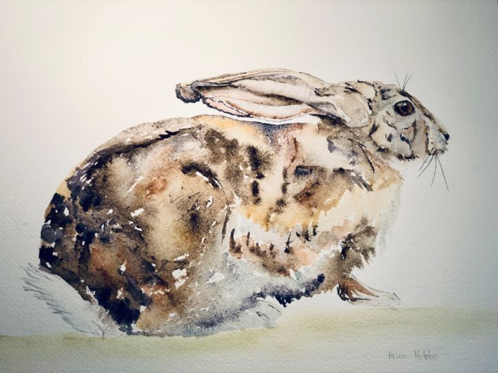 Peinture intitulée "Crouching Hare" par Helen Hobbs, Œuvre d'art originale, Aquarelle Monté sur Carton